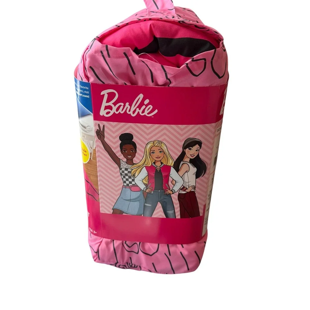 Barbie 2 Piece Reversible Comforter Set Twin Full Pink Chevron Silhouette New